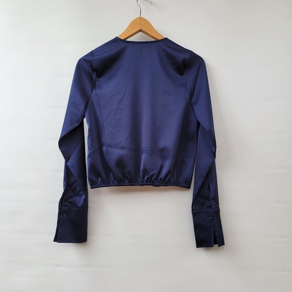 Good American Long Sleeve Stretch Satin Faux Wrap Top Womens XS Navy Blue French - Picture 11 of 16